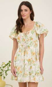 Gyuri Ivory Floral Front Tie Scoop Neck Tiered Mini Dress