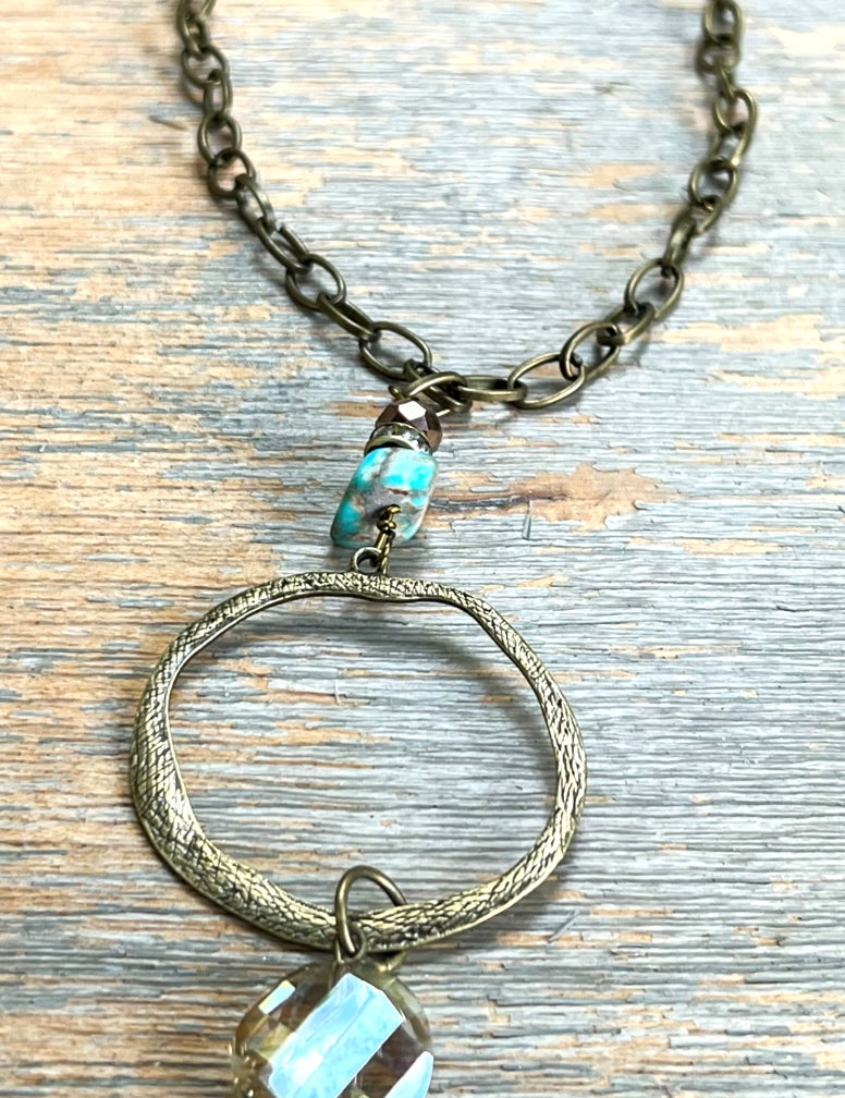 Amara Turquoise & Crystal Bronze Hoop Long Necklace