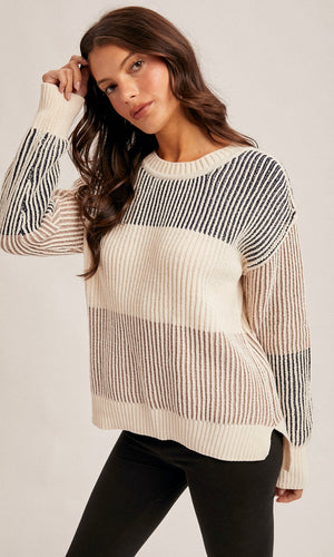 Mary Navy Round Crew Neck Color Block Pullover Sweater