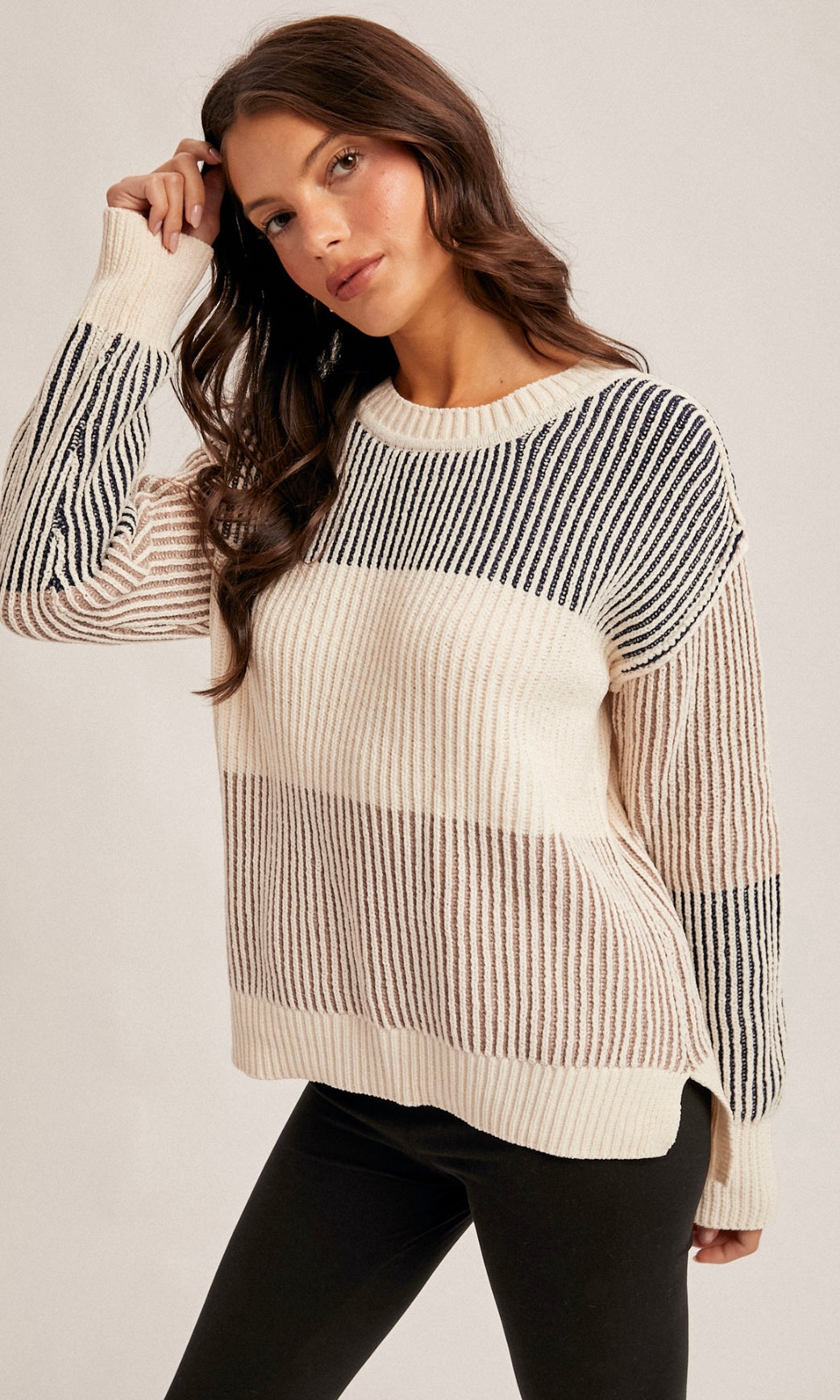 Mary Navy Round Crew Neck Color Block Pullover Sweater