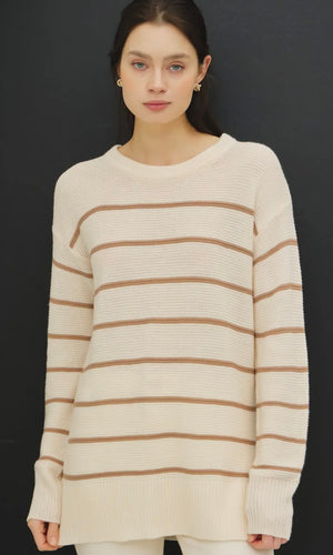 Indy Striped Sweater Tunic Top with Slit At Hemline
