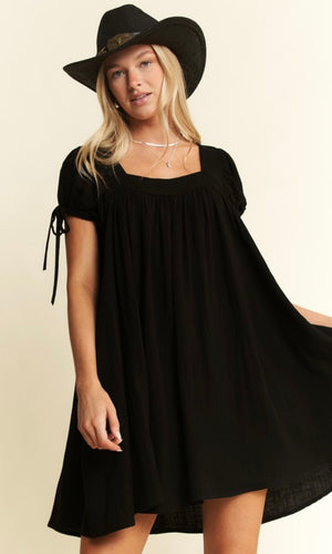 Dream Black Washed Linen Bubble Sleeve Dress