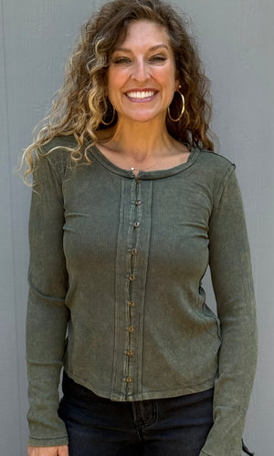 Marigold Green Snow Wash Rib Button Down Long Sleeve Top