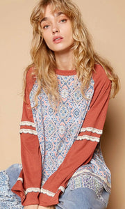 Diana Red Round Neck Long Sleeve Printed Knit Solid Top