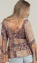 Amalia Espresso Wide Flare Bell Sleeve Lace Trim Blouse