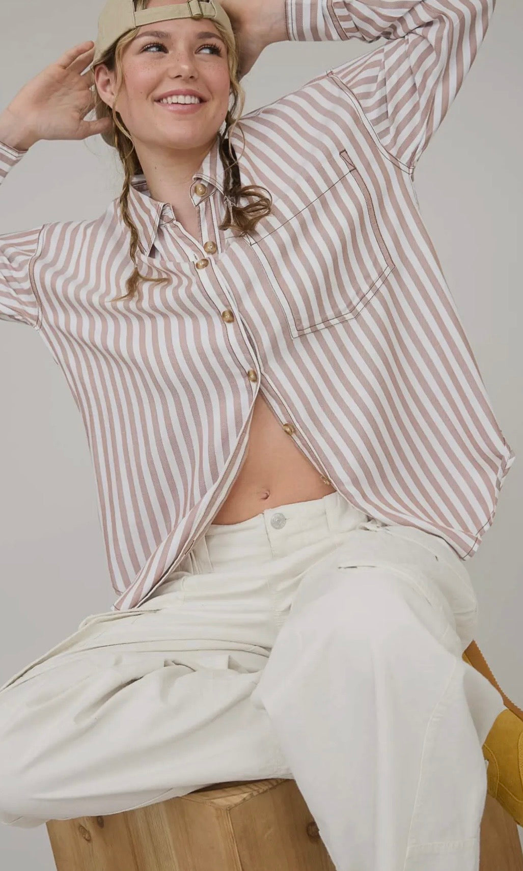 Nora Brown Stripe Collared Button Down Long Sleeve Shirt