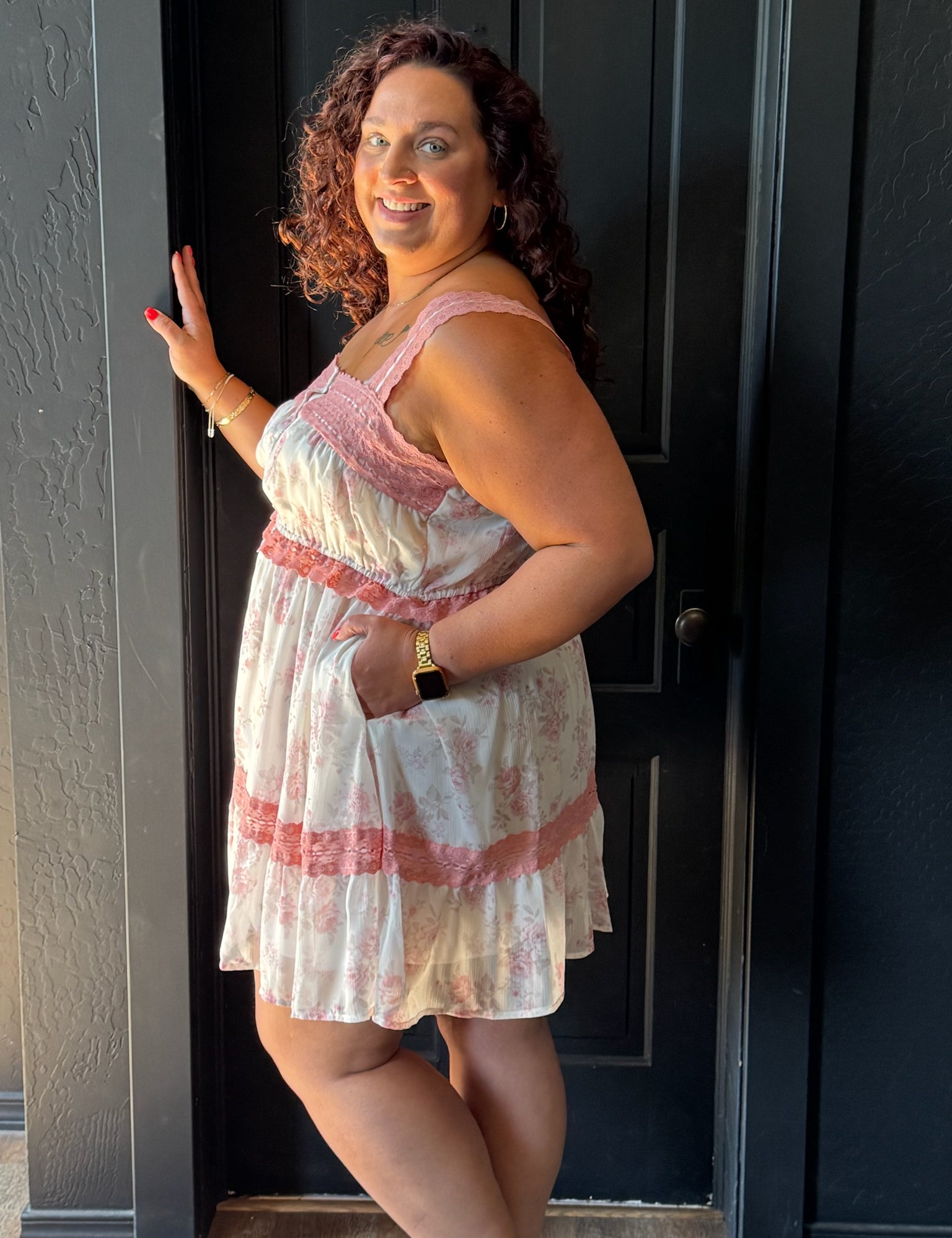 Lydia Plus Size Floral Print Lace Detail Mini Dress
