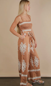 Madeline Taupe Boho Printed Smocking Detail Jumpsuit