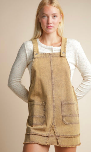 Pia Mocha Washed Denim Overall Mini Dress