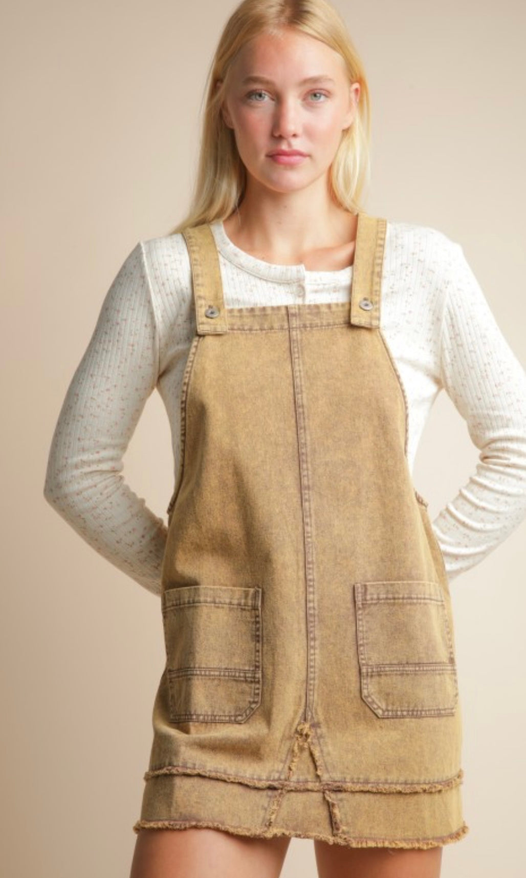 Pia Mocha Washed Denim Overall Mini Dress
