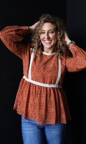 Ollie Rust Lace Trim High Neck Peplum Blouse