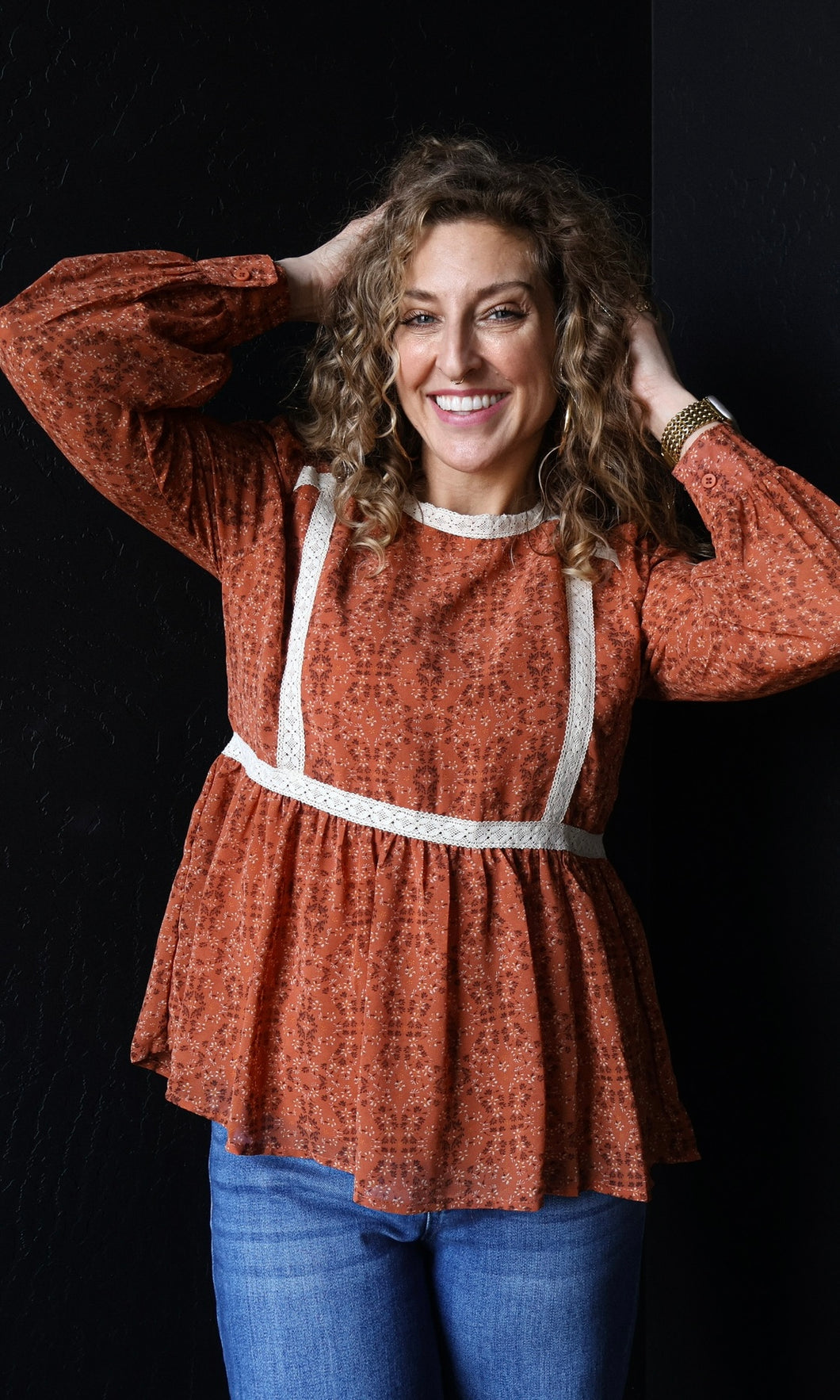 Ollie Rust Lace Trim High Neck Peplum Blouse