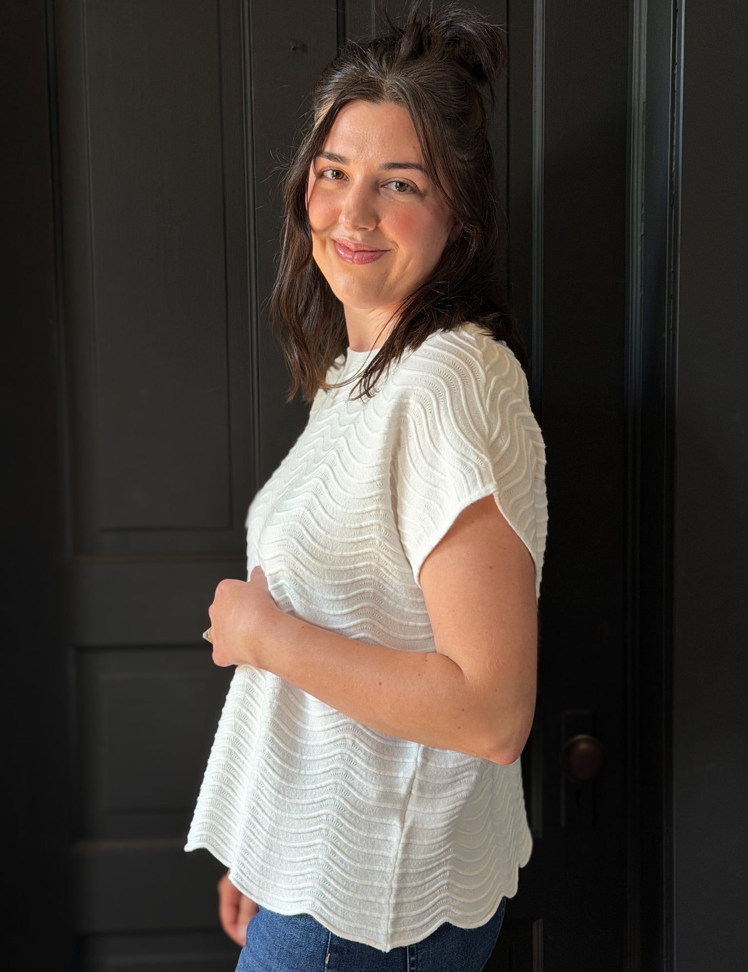 Tiana Fine Gauge Scallop Pattern Relaxed Knit Top