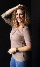 Nash Mocha Classic Ribbed Cotton Short Sleeve Henley Neck Top