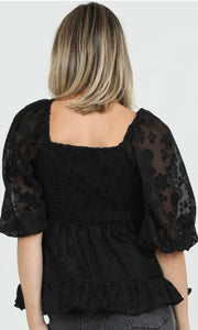 Cosma Black Sheer Puff Sleeve V Neck Blouse