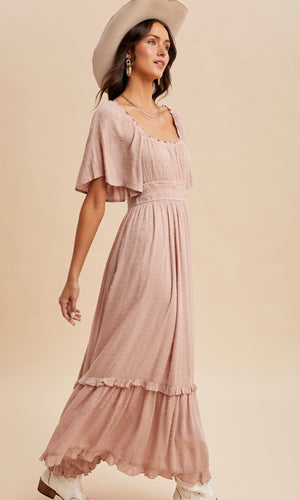 Lilith Tea Rose Swiss Dot Flutter Sleeve Maxi