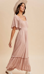 Lilith Tea Rose Swiss Dot Flutter Sleeve Maxi