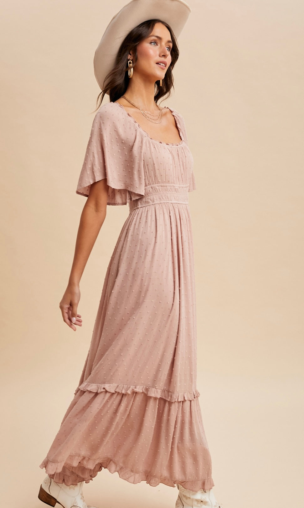 Lilith Tea Rose Swiss Dot Flutter Sleeve Maxi