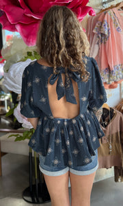 Nora Winter Spruce Tie Back Embroidered Bubble Sleeve Peplum Top