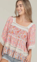 Arella Pink Floral Lace Trim Twin Print Short Sleeve Blouse