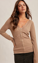 Meadow Mocha Lace Trim Detailed Long Sleeve Rib Top