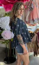 Nora Winter Spruce Tie Back Embroidered Bubble Sleeve Peplum Top
