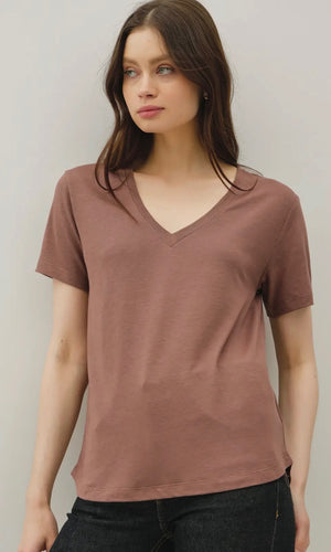 Liam Choco Loose Fit Basic V-Neck Short Sleeve T-Shirt