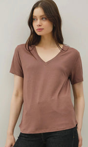 Liam Choco Loose Fit Basic V-Neck Short Sleeve T-Shirt