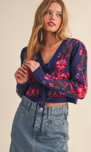 Kelly Floral Knit Tie-front Cropped Sweater Cardigan