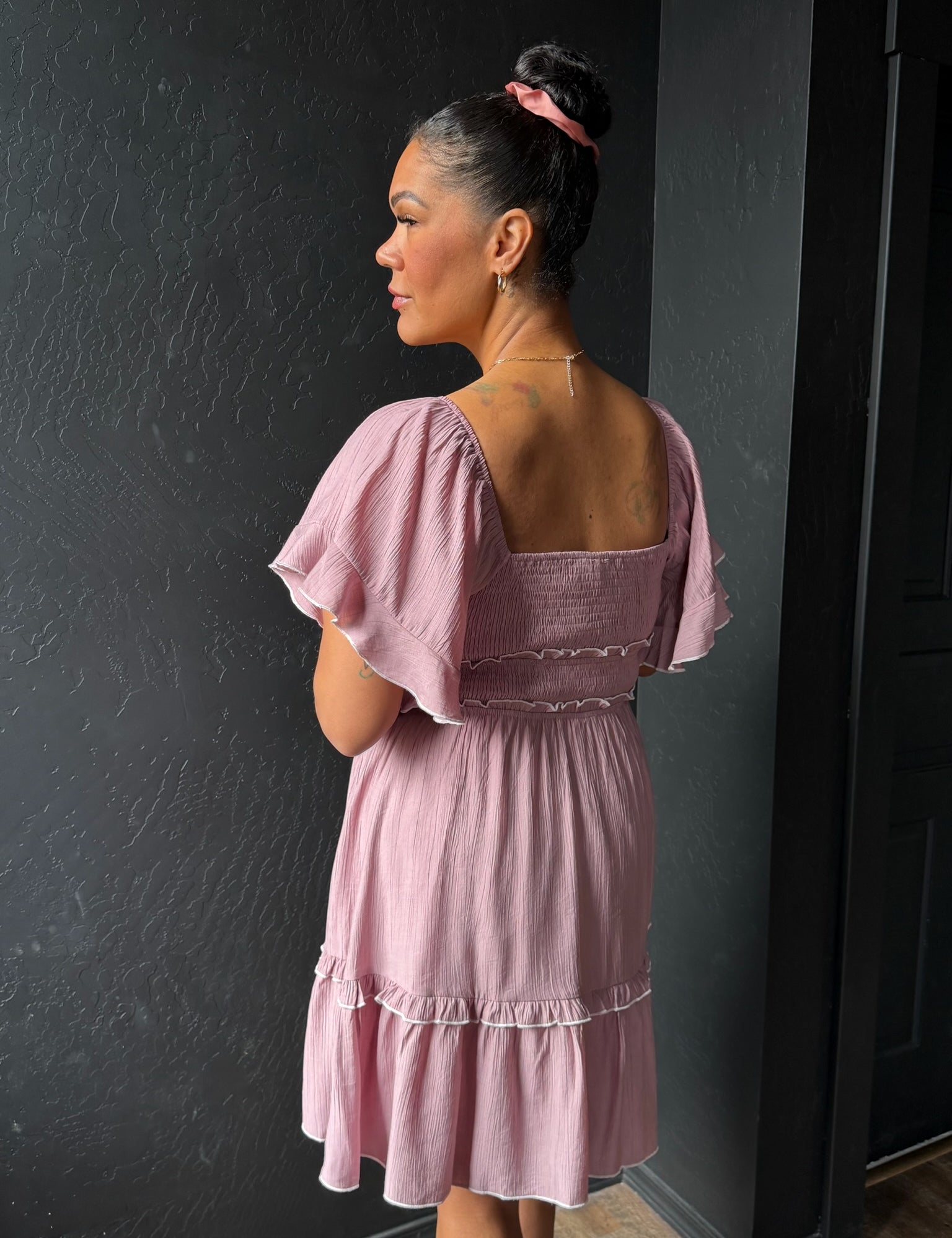 Kabir Mauve Flutter Sleeve Merrow Detail Mini Dress