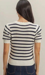 Dawson Navy Puff Sleeve Scallop Edge Striped Knit Top