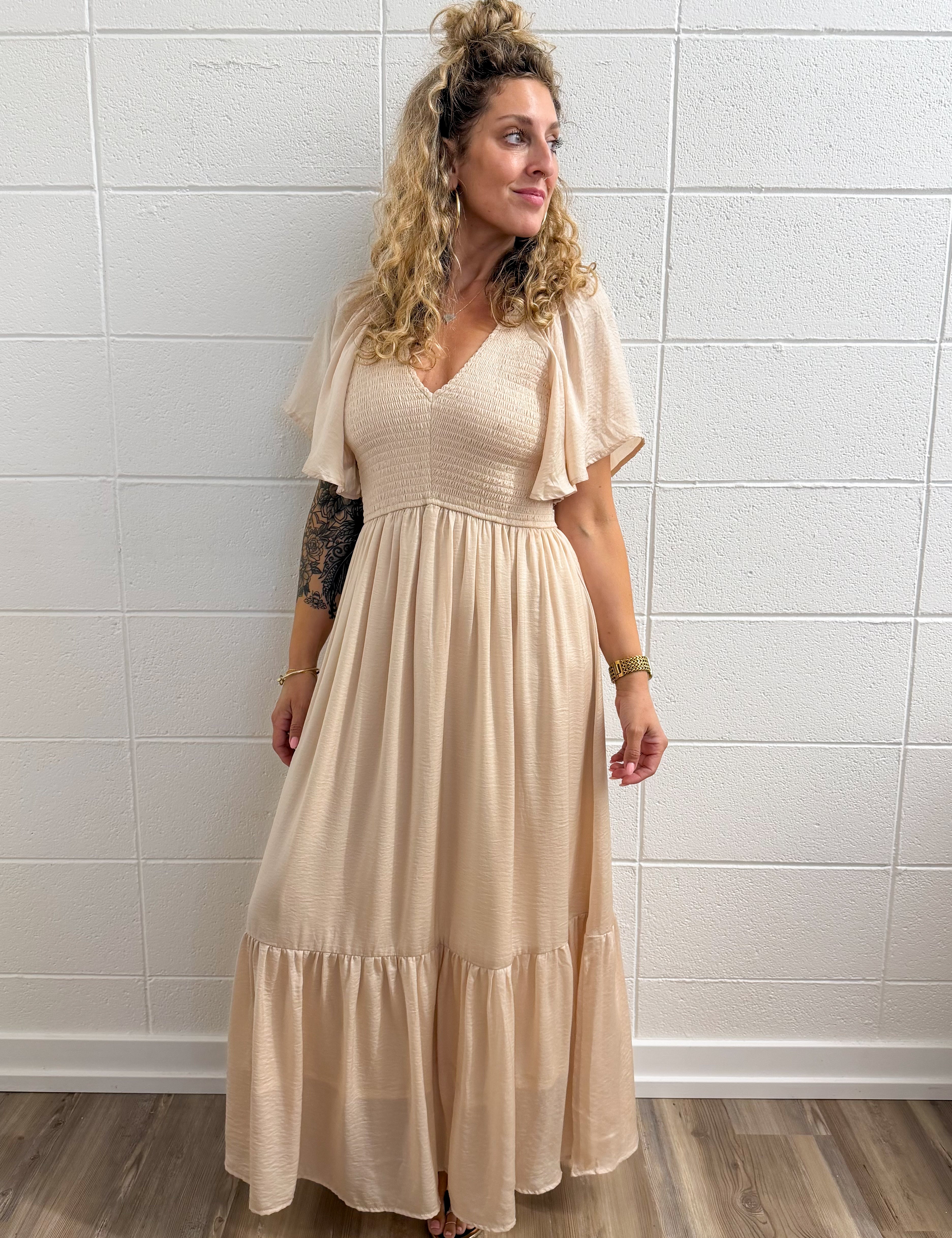 Flare Satin Empire Smocked Midi Dress