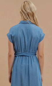Giselle Chambray Collared Button Down Belted Midi Dress