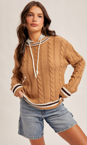 Miley Brown Contrast Hoodie Sweater Knit Top