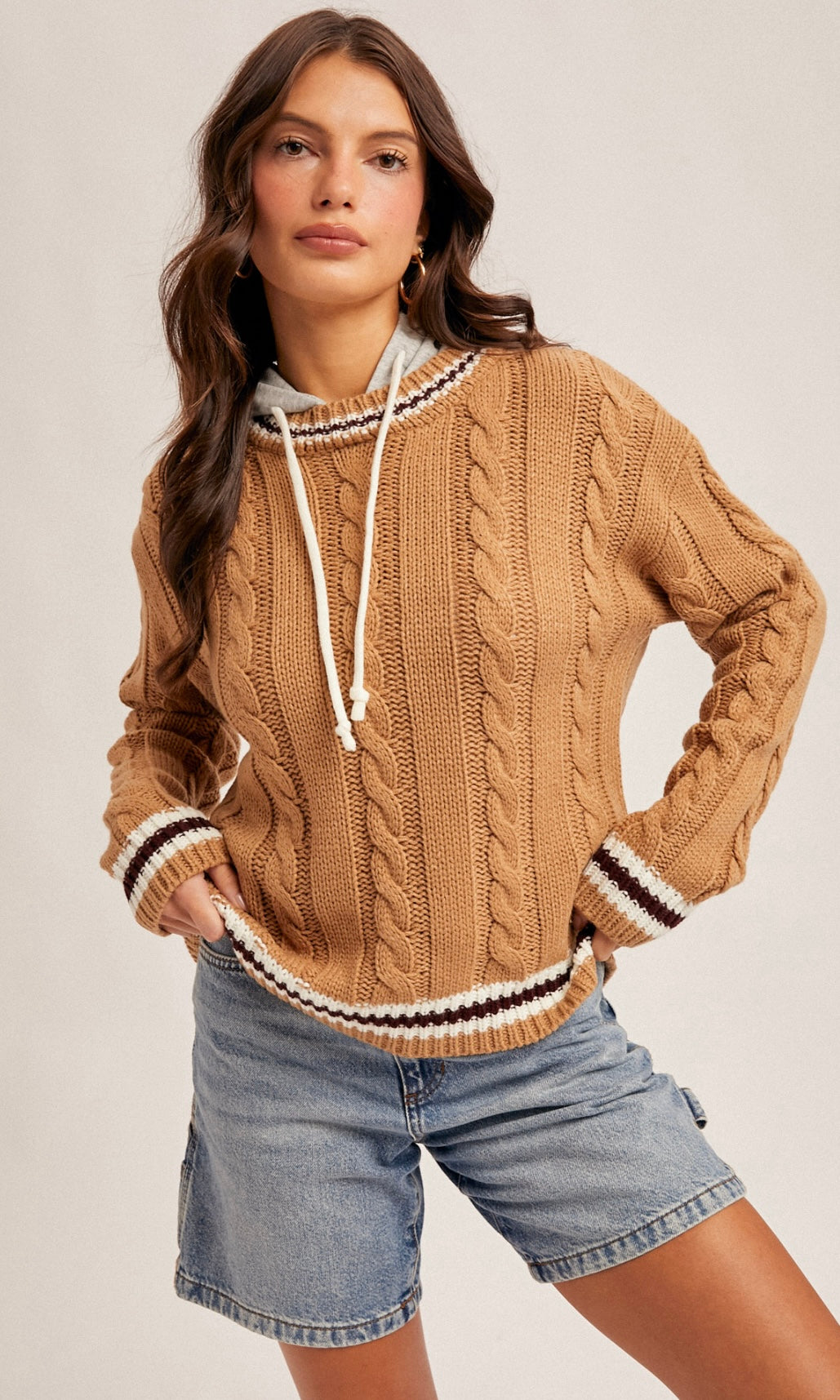 Miley Brown Contrast Hoodie Sweater Knit Top