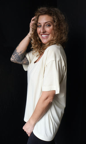 Nicholas Khaki Washed Raw Edge V Neck Short Sleeve Knit Top