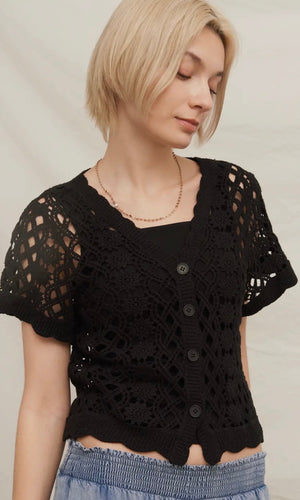 Kalvin Black Button Front Crochet Knitted Top
