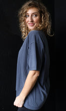 Nicholas Navy Washed Raw Edge V Neck Short Sleeve Knit Top