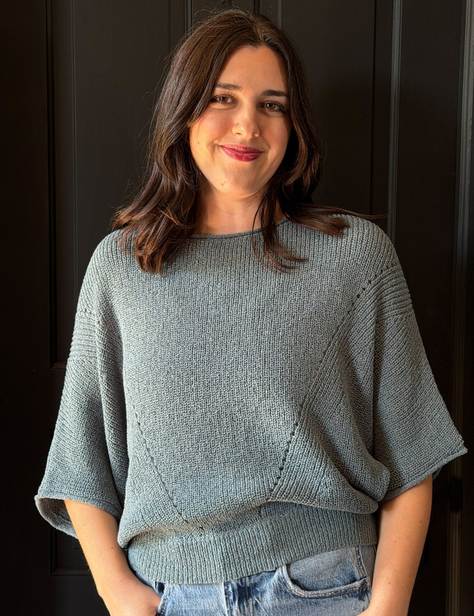 Kamryn Pointelle Dolman Sleeve Cropped Sweater