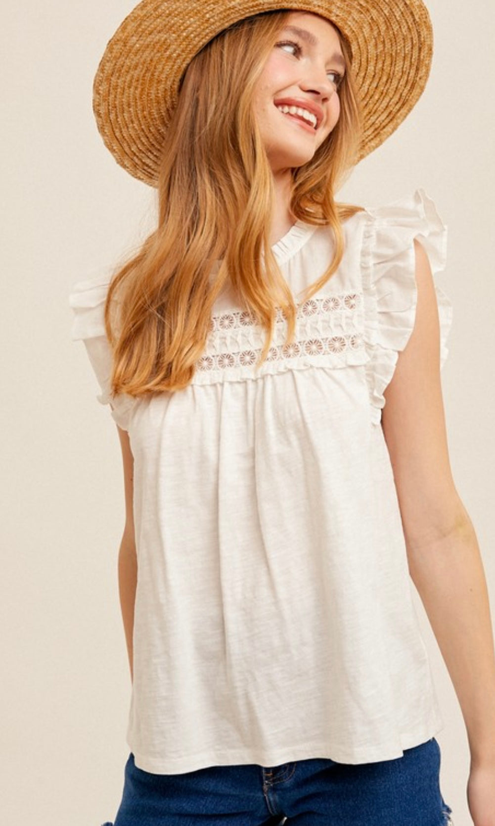 Evelyn Eyelet Yoke Ruffles Detail Cap Sleeves Mixed Top