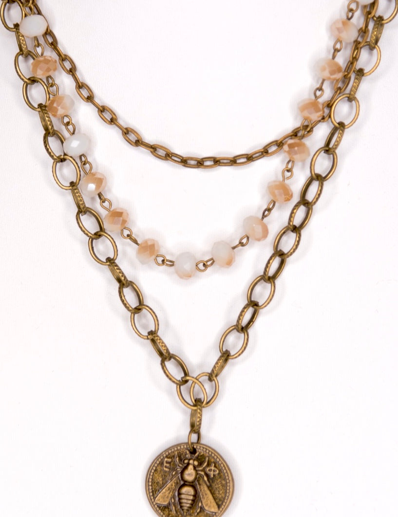 Bambi Beaded Bronze Coin Pendant Triple Strand Necklace