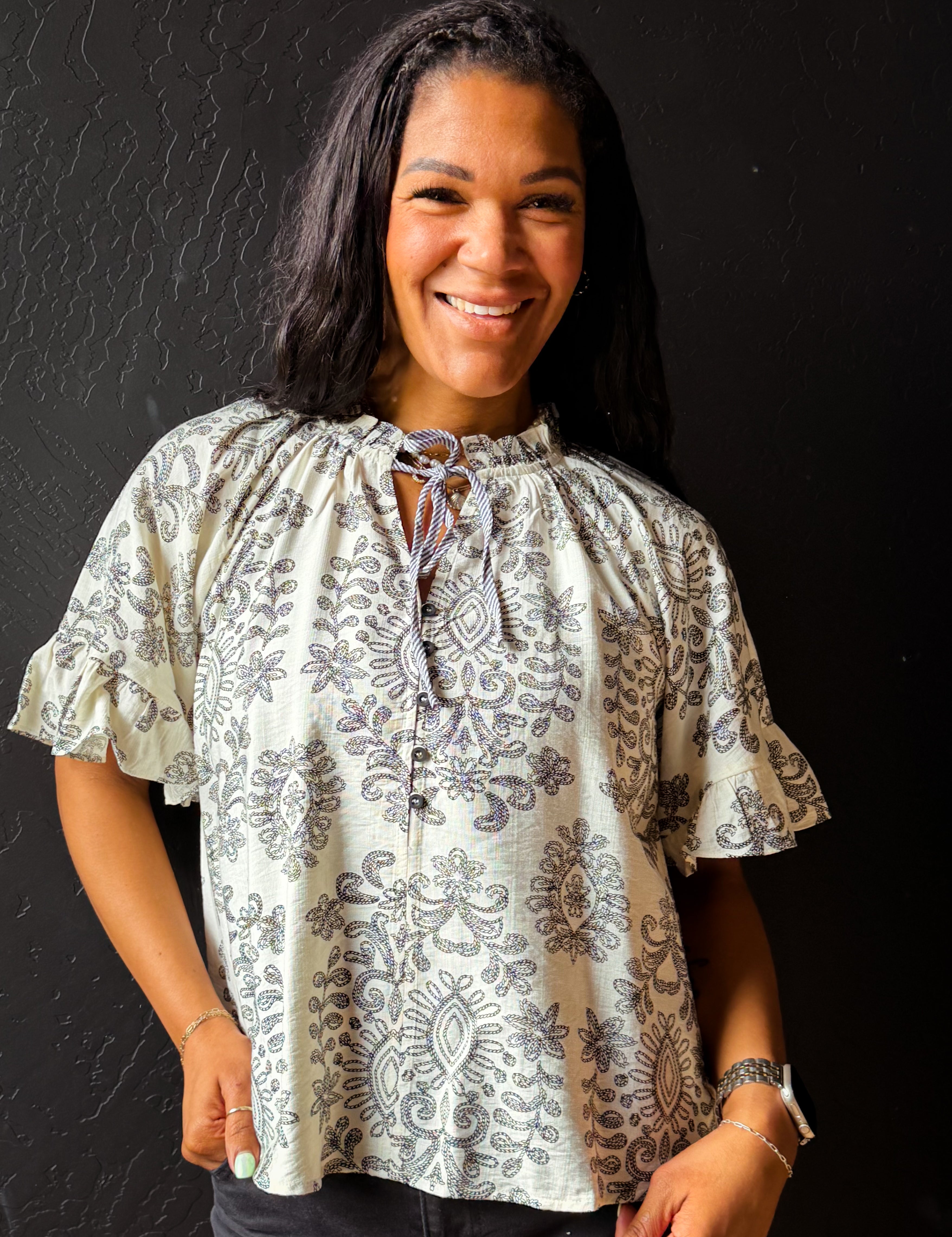 Beckham Embroidery-like Printed Blouse