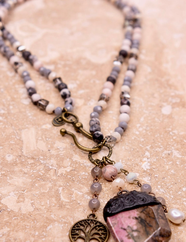 Bella Light Mauve Stone Pendant Charm Long Beaded Necklace