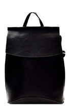 Black vegan leather convertible backpack and crossbody bag with a shoulder strap and zip closure.