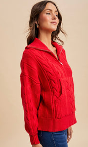 Lyam Red Chunky Cable Knit Half Zip Sweater