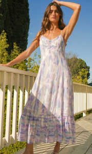 Arien Blue Lavender Abstract Split Hem Midi Dress