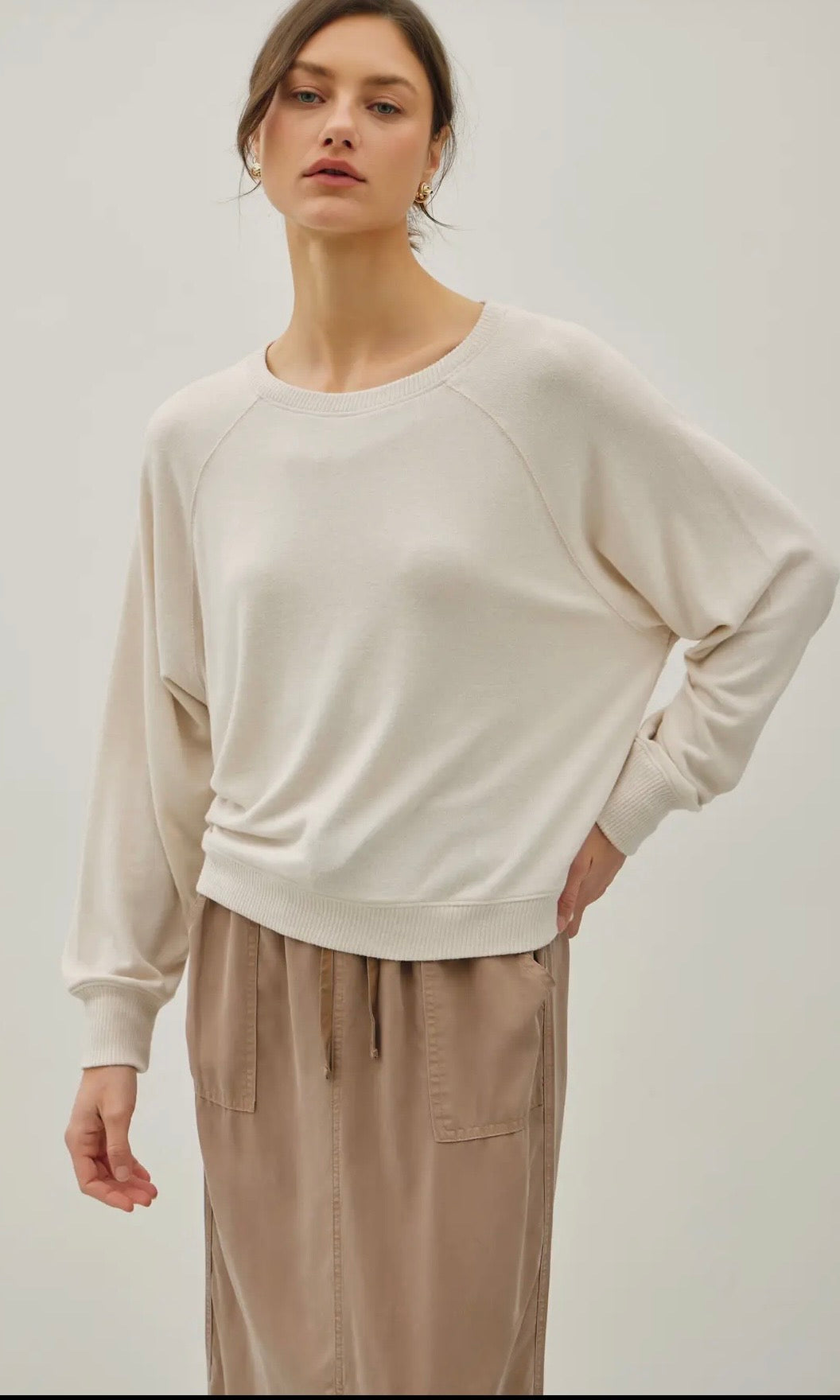 Nyla Oatmeal Soft Relaxed Fit Raglan Sleeve Basic Knit Top
