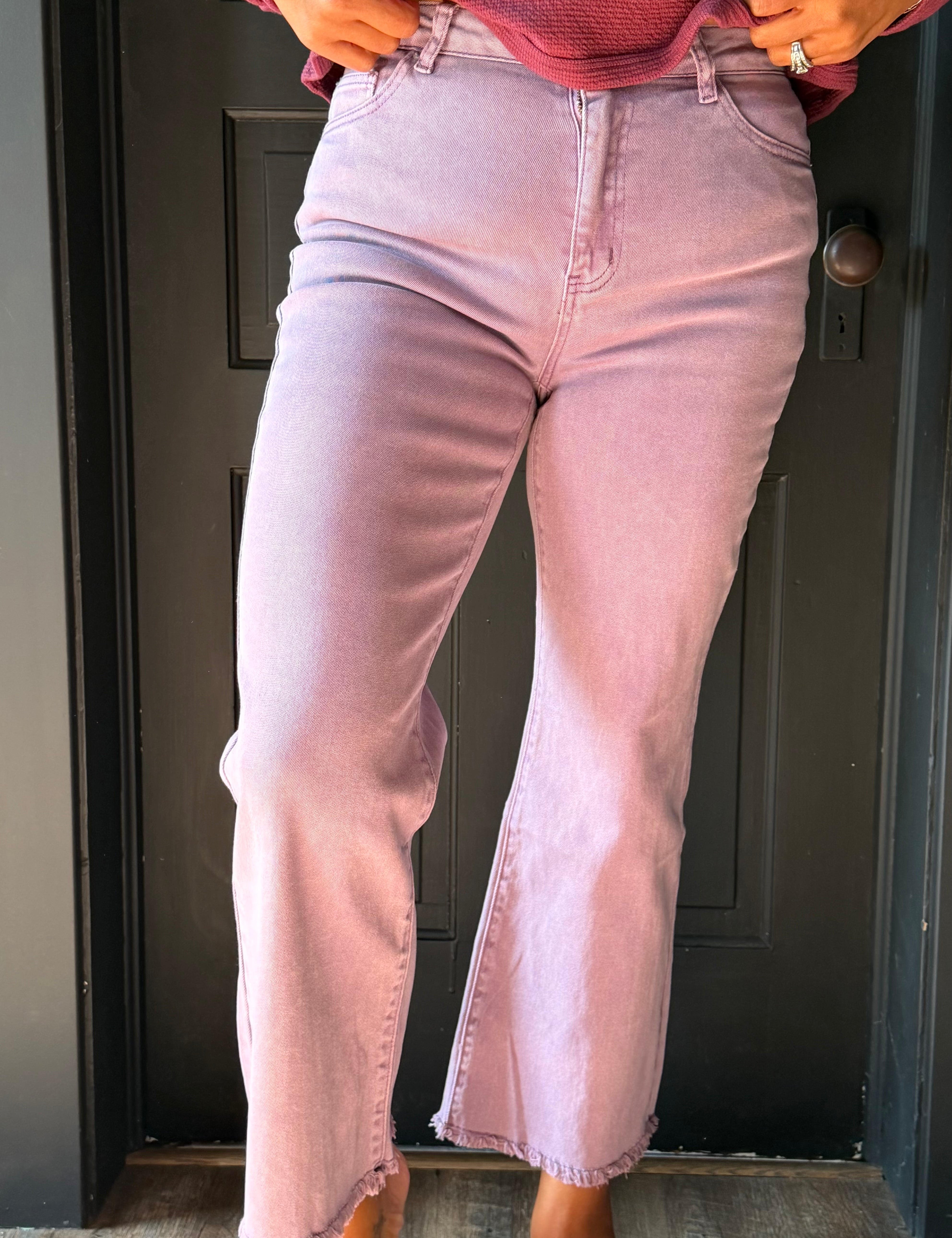 Rainbow Acid Washed High Waist Frayed Hem Bootcut Pants