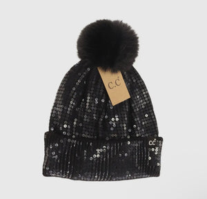 Allover Clear Sequin Faux Fur Pom C.C Beanie