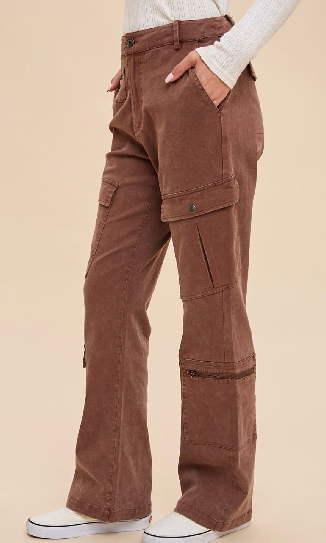 Ozzie Latte Mineral Washed Flared Cargo Pants With Zipper Accents